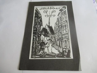 Sběratelská PF 1979 – autor: Oldřich Karel – motiv malíř v historické městské uličce s kostelem, zinkografie (21 × 14 cm)