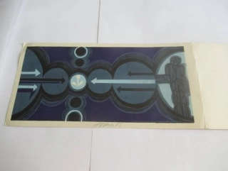 Sběratelská PF 1974 – autor: Miroslav Houra – motiv kosmický terč s šipkami a stylizovaná postava, barevný linořez X3 (21 × 10,5 cm)