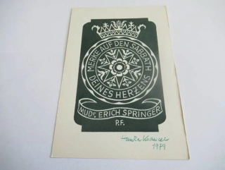 Původní sběratelská novoročenka P.F. 1979 MUDr. Erich Springer – autorka Hanka Krawcec, signovaný linoryt (16 × 10,5 cm)