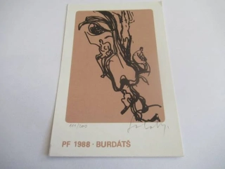 Původní sběratelská novoročenka PF 1988 Burdátš – autor Jozef Sabol, signovaná a číslovaná serigrafie (14,5 × 9,5 cm)