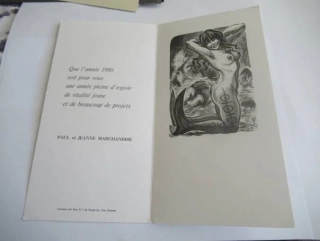 Původní sběratelská novoročenka Que l'année 1980 – autor Frank-Ivo Van Damme (Belgie), motiv mořské panny, původní dřevoryt X2 (21,5 × 11 cm)