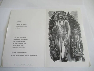 Původní sběratelská novoročenka L'Année de l'enfant 1979 – autor Frank-Ivo Van Damme (Belgie), motiv ženy s Amorkem, původní dřevoryt X2 (18 × 11,5 cm)