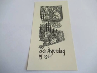 Původní sběratelská novoročenka Lou Asperslag pf 1964 – autor Lou Strik, původní dřevoryt / xylografie (18,5 × 9,5 cm)