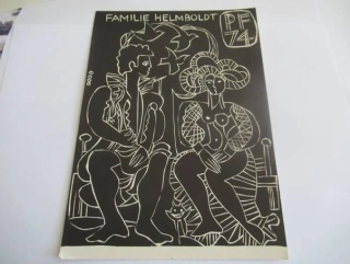 Původní sběratelská novoročenka FAMILIE HELMBOLDT PF 74 – autor GODE (Nizozemsko), motiv muže a ženy u stromu, původní autorský tisk (22 × 15,5 cm)