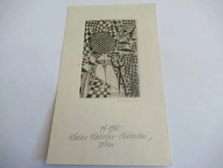 Původní sběratelská novoročenka pf 1965 Vlasta a Ladislav Kohoutovi, Tábor – autor František Smetana, původní signovaný lept (14,5 × 8,5 cm)