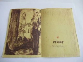 Novoroční PF 1963 s motivem romantického benátského kanálu s gondolami, vhodné pro sběratele novoročenek a drobné grafiky, originální podepsaný tisk, rozměr 15,5 × 10,5 cm