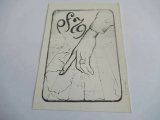 Novoroční PF 1979 s motivem ruky ukazující na mapu světa, vhodné pro sběratele novoročenek a drobné grafiky, originální podepsaný linořez, rozměr 14,5 × 10 cm