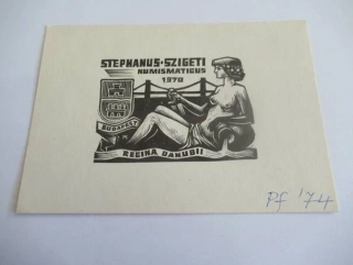 Novoroční PF 1970 s motivem numismatického exlibris (Regina Danubii - Budapešť), vhodné pro sběratele novoročenek a numismatiky, originální autorský linoryt, rozměr 15 × 10,5 cm
