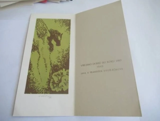 Novoroční PF 1983 s motivem Pegase a snové krajiny pro Janu a Františka Dvořáčkovy, vhodné pro sběratele novoročenek a drobné grafiky, autor Bohumil Krátký, originální podepsaný tisk (dvoubarevný linoryt), rozměr 21 × 10 cm