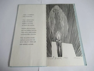 Grafický list s básní „Tam u nábřeží“ (Sully-Prudhomme), vhodné pro sběratele exlibris a slovenské moderní grafiky, autor národní umělec Orest Dubay st., originální podepsaný linoryt (číslovaný výtisk 111/200), rozměr složeného listu 21 × 10 cm