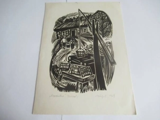 Volná grafika s motivem „Koduõu“ / Domácí dvůr (k básni Sully-Prudhommea), vhodné pro sběratele exlibris a estonské moderní grafiky, autor Silvi Väljal (Tallinn, Estonsko), původní podepsaný linoryt (linool), rozměr 24 × 16,5 cm