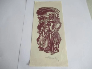 Volná grafika s motivem „Kaksaar“ / Dva ostrovy (historický výjev s poutníky a kočárem), vhodné pro sběratele mezinárodní grafiky a ilustrace, autor Jüri Arrak (Tallinn, Estonsko), originální podepsaný linoryt (X3), rozměr 20,5 × 9 cm