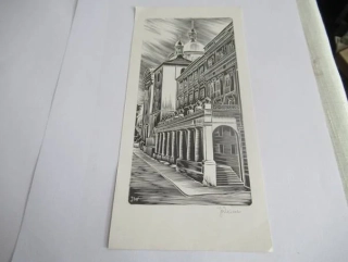 Volná grafika s motivem pražské Lorety (monogram JW), vhodné pro sběratele české moderní grafiky a pražských motivů, autor J. Weiser, originální podepsaný tisk (linoryt), rozměr 21 × 10 cm