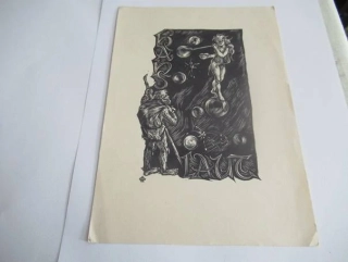 Volná grafika s motivem knižní značky (exlibris) Karl Laut, vhodné pro sběratele drobné grafiky a exlibris, originální nesignovaný tisk (linoryt nebo dřevořez), rozměr 20,5 × 14,5 cm