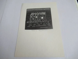 Volná grafika s motivem vesmírné a kosmické knihovny (slunce, měsíc a hvězdy), vhodné pro sběratele moderní drobné grafiky a bibliofilií, autorka Jana Krejčová, originální podepsaný a číslovaný tisk (linoryt – výtisk 13/200), rozměr 14,5 × 10 cm