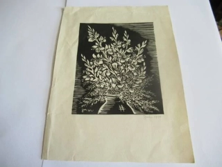 Volná grafika s motivem bohatého květinového zátiší ve váze, originální tisk z roku 1959, vlastnoruční autorská signatura a datace, rozměr 20 × 15 cm