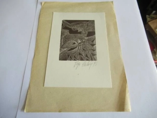 Volná grafika s kubistickým motivem ptáka, autor Ilja Suchý, originální tisk z roku 1993, vlastnoruční autorská signatura a datace, rozměr podkladového papíru 21 × 15 cm (samotná grafika 14,5 × 10 cm)