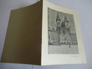 Volná grafika s motivem Týnského chrámu v Praze, originální podepsaný tisk, rozměr složeného listu 16 × 12 cm