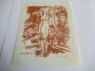 Volná grafika s motivem ženy s amforou před vulkánem, exlibris H. C. SKOV, autor Rudolf Koch, originální tisk z roku 1969, vlastnoruční autorská signatura, rozměr 14,5 × 12 cm