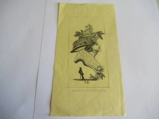 Volná grafika se surrealistickým figurálním motivem, exlibris R. B., autor Marie Michaela Šechtlová, originální tisk, rozměr 19 × 10 cm