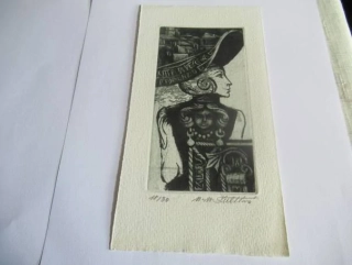 Volná grafika s motivem renesanční ženské busty, exlibris Citta di Pescara G. D'Annunzio, autor Marie Michaela Šechtlová, originální číslovaný a podepsaný tisk, rozměr 20,5 × 11 cm