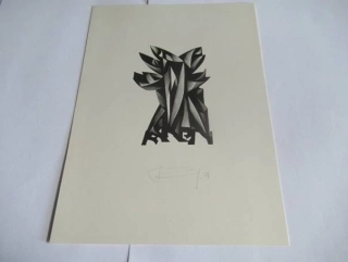 Volná grafika s kubistickým exlibris, autor Kalašnikov, originální tisk z roku 1971, vlastnoruční autorská signatura a datace, rozměr 22 × 16 cm