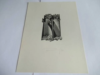 Volná grafika s kubistickým motivem zátiší s vinnou révou a mečem, autor Kalašnikov, originální tisk z roku 1970, vlastnoruční autorská signatura a datace, rozměr 22 × 16 cm