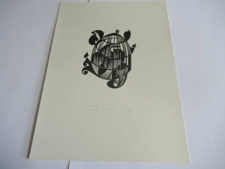 Volná grafika s kubistickým motivem ptáka v kleci, autor Kalašnikov, originální tisk z roku 1971, vlastnoruční autorská signatura a datace, rozměr 22 × 16 cm