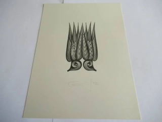Volná grafika s kubistickým motivem stylizované koruny nebo plamenů, autor Kalašnikov, originální tisk z roku 1972, vlastnoruční autorská signatura a datace, rozměr 22 × 16 cm
