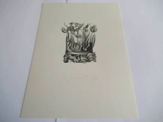 Volná grafika s kubistickým floristickým motivem s obilnými klasy a květy, autor Kalašnikov, originální tisk z roku 1972, vlastnoruční autorská signatura a datace, rozměr 22 × 16 cm