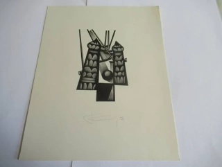 Volná grafika s kubistickým motivem věží, mechanických prvků a sféry, autor Kalašnikov, originální tisk z roku 1971, vlastnoruční autorská signatura a datace, rozměr 22 × 17,5 cm
