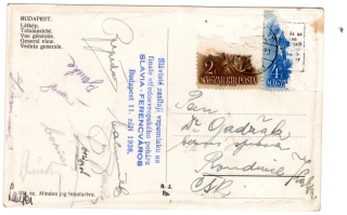 Pohlednice s podpisy hráčů SK Slavia Praha z finále Středoevropského poháru 1938