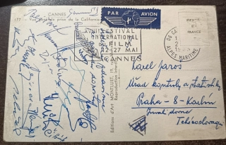 Cannes 1965 – Pohlednice s originálními podpisy českých herců Menšík, Brodský aj.