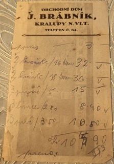 Historická účtenka a pohlednice – Obchodní dům J. Brábník, Kralupy nad Vltavou