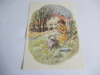  O. Čemus - Dívka sedící na trávě s kuřátky