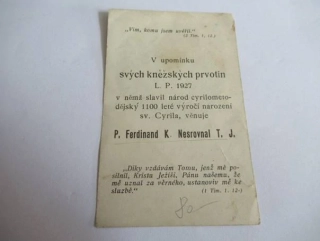 V upomínku svých kněžských prvotin - P. Ferdinand K. Nesrovnal T. J.