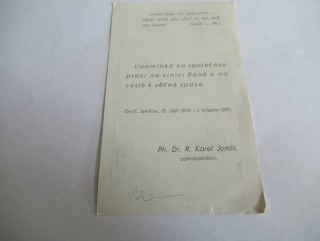 Upomínka na společnou práci na vinici Páně a na cestě k věčné spáse - Ph. Dr. Karel Jonáš, Jeníkov