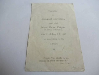 Památka na biskupské posvěcení - Mons. Karel Kašpar, Praha