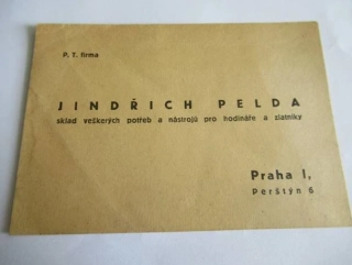  Korospondenční vizitka - Jindřich Pelda, sklad veškerých potřeb a nástrojů pro hodináře a zlatníky - Praha I.