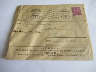  Koruna, První česká všeobecná akciová společnost pro Pojišťování na život - Praha II.