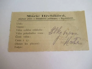 Nezvěstice - Marie Hřebíková - Obchod s uhlím a stavebními potřebami