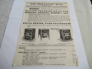 Praha - Braník - Josef Čedík - Spiciálně tovární výroba regulačních sporáků, kamen pokojových a kotlů - Reklamní leták