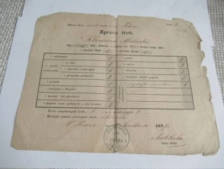 Praha - Zpráva třetí, Vysvědčení žákyně 5. třídy za třetí čtvrtletí - 1877