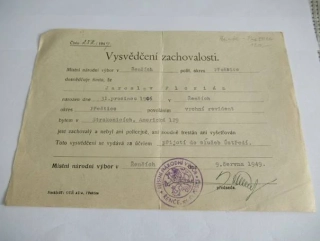 Řenče-Přestice - Vysvědčení zachovalosti ku přijetí do služeb Ústředí - 1949
