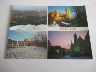 Teplice - Celkový pohled, Doubravka, Krušnohorské divadlo a část kolonády, zámecké náměstí