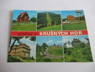 Krušné hory - Hotel Pomezí na Cínovci, Pohled z Mikulova na vrch Bourňák, Zotavovna Krasnoarmejec..