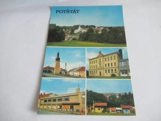 Potštát - celkový pohled, náměstí, základní škola, prodejna jednoty, chatová osada