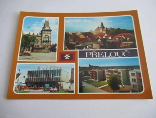 Přelouč - lidová knihovna a muzeum na náměstí, pohled na město, potravinářská prodejna PRAMEN, Nová výstavba
