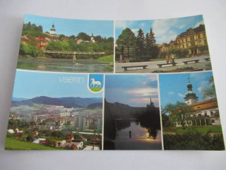 Vsetín - pohled na zámek, Gottwaldovo náměstí, celkový pohled, podvečer u Bečvy, zámek