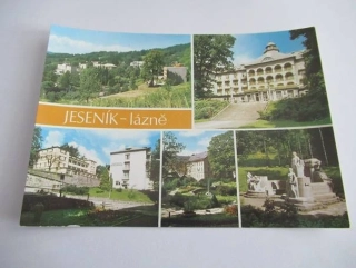 Lázně Jeseník - celkový pohled, Priessnitzovo sanatorium, lázeňský ústav P. Bezruče, hrad, Priessnitzův pomník